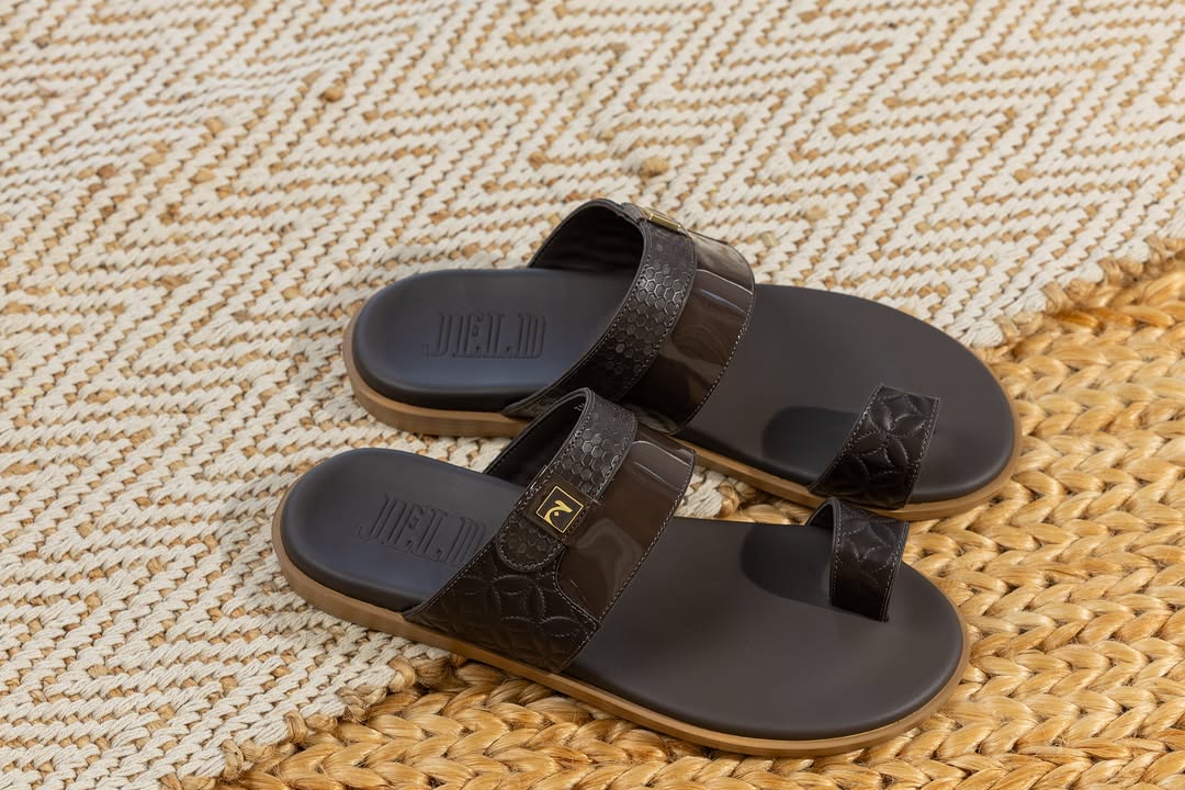 JELD Dark Brown Embossed Double-Strap Flat Leather Sandal